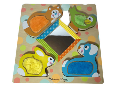 Melissa & Doug First Play Wooden Touch & Feel Puzzle, Peek-a-Boo Pets (4 Textured Pieces and Mirror)